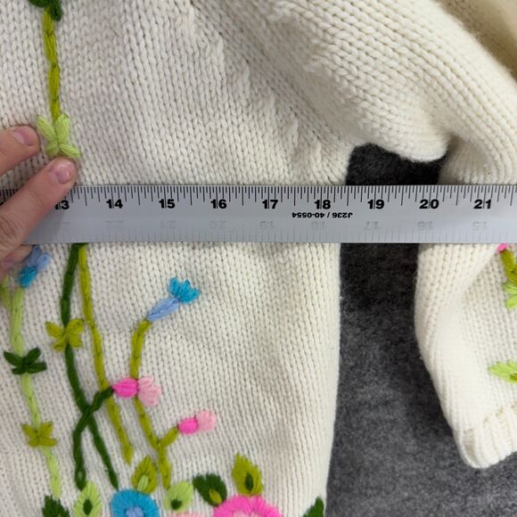 Handmade  Cardigan Women M Medium Beige Floral Open Front Long Sleeve Knit - Picture 3 of 5